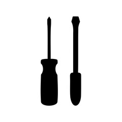 Black Screwdrivers Silhouette on White Background, Including Phillips and Flat Head Screwdrivers