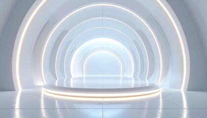 Fototapeta premium Modern futuristic white stage with glowing circular arches and a reflective floor for product presentation