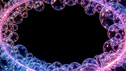 A mesmerizing transition reveals a Floating bubble Border Frame made of transparent spheres, where vibrant swirls of radiant colors undulate around its edges, illuminating the empty center