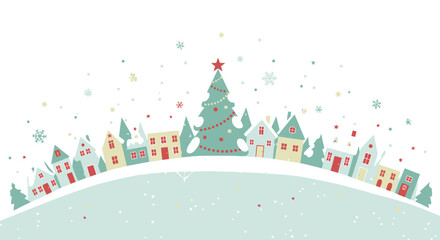 Charming winter village scene with decorated Christmas tree and falling snow, perfect for holiday cards and seasonal designs