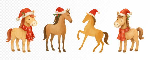 Christmas horse set with Santa hats and red scarves, festive holiday animals in cheerful poses, cozy watercolor winter decorations. Vector illustration.