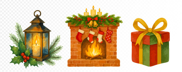 Christmas cozy set with lantern, decorated fireplace and festive gift box, warm holiday watercolor illustrations for winter celebration. Vector illustration.