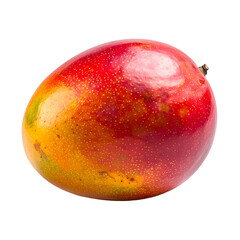 Ripe mango, predominantly red and yellow hues, glossy skin, slight speckling, oval shape, single stem