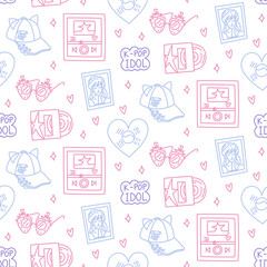 Bright K-pop style design. Seamless texture with bright elements of Korean music trends. Record, player, strawberry glasses, Korean flag, cap, photo card. Glitter, hearts, cloud with K-POP style text