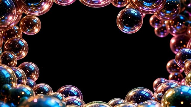 Immerse yourself in a dazzling scene featuring a Floating bubble Border Frame made of transparent spheres, where the orbs shimmer with iridescent colors, pulsing rhythmically, creating a
