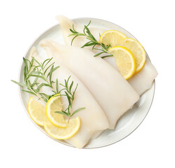 Pieces of raw squids with rosemary and lemon isolated on white, top view