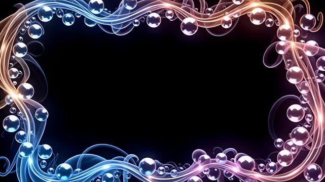 Explore a surreal ambience with a Floating bubble Border Frame made of transparent spheres, enveloped by swirling tendrils of light that undulate and wrap around the frame, embodying a