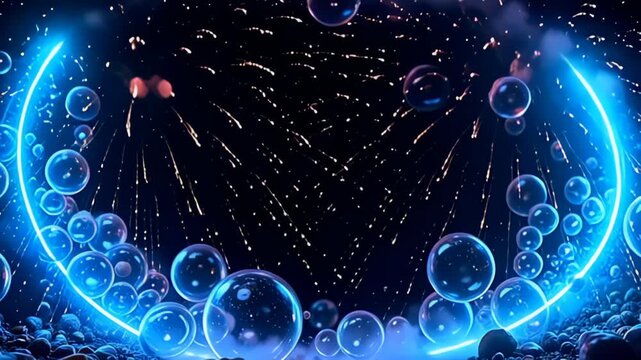 Witness a vivid spectacle where the Floating bubble Border Frame made of transparent spheres gleams as it is encircled by scintillating bursts of color, radiating outward like fireworks,
