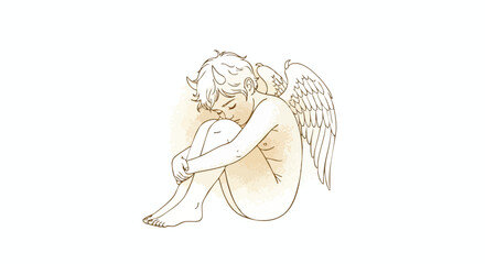 Melancholy angel with subtle horns curled up in a contemplative pose, conveying vulnerability and introspection