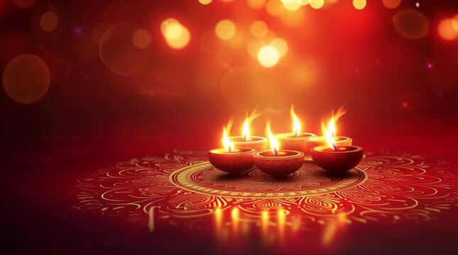 Burning Diwali diya lamps with glowing flames on red floor and golden mandala, perfect for holiday greetings, festive promotions, cultural themes and seasonal creative projects.