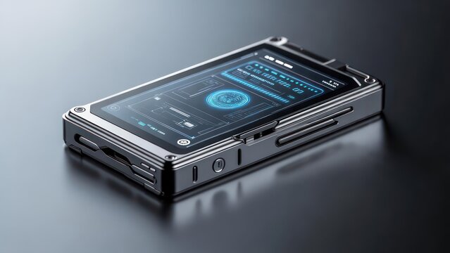 Sleek futuristic handheld device with glowing holographic interface displaying advanced data analytics and secure biometric recognition