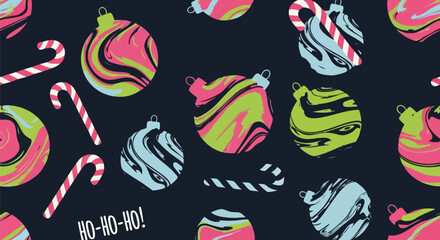 Festive Christmas pattern with colorful ornament balls and candy canes for holiday cheer and seasonal celebrations, perfect for backgrounds and design