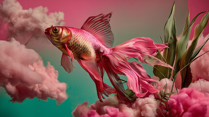 The golden fish soars through the clouds in the sky, fulfilling both its own and others’ wishes; nothing can stop it from reaching its goal.