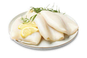 Uncooked squids with rosemary and lemon slices isolated on white