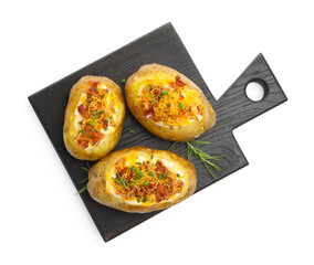 Tasty baked potatoes with stuffing isolated on white, top view