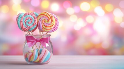 whimsical scene of lollipops in vibrant swirls of color, arranged in a jar with a cheerful bow, set against a blurred candy store backdrop