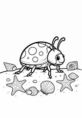 ladybug on beach, cute ladybug, coloring page, beach scene, seashells, starfish.