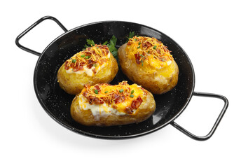 Tasty baked potatoes with stuffing in baking dish isolated on white