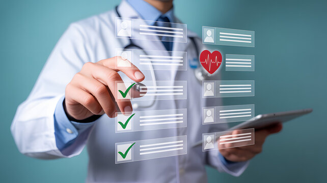 Doctor using technology to manage patient records and health data effectively, ensuring comprehensive care and streamlined medical processes, modern healthcare - Powered by Adobe