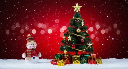 Obraz premium Snowman and decorated Christmas tree with gifts decorated tree