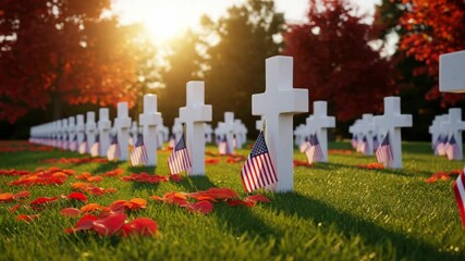 White gravestones adorned with American flags stand in a serene cemetery, surrounded by vibrant autumn foliage and fallen petals, symbolizing remembrance and honor on a solemn day - Powered by Adobe