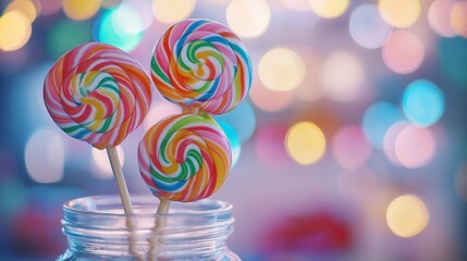 whimsical scene of lollipops in vibrant swirls of color, arranged in a jar with a cheerful bow, set against a blurred candy store backdrop