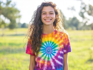 vibrant tie-dye T-shirt in rainbow colors worn by a smiling model standing in a green field with sunshine in the background