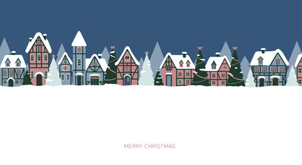 Enchanting Christmas village scene with snow covered houses and festive trees offering holiday cheer and seasonal greetings perfect for winter projects