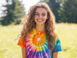 vibrant tie-dye T-shirt in rainbow colors worn by a smiling model standing in a green field with sunshine in the background