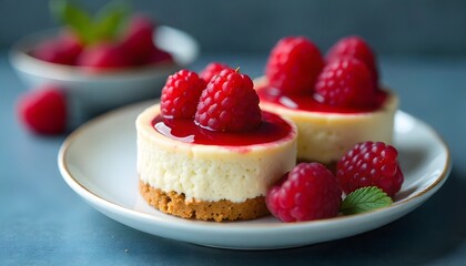 Two elegant mini cheesecakes topped with a vibrant raspberry glaze and fresh berries, ideal for gourmet, sweet, and refined dessert concepts.