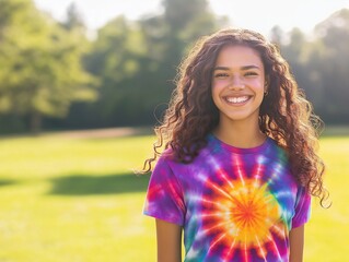 vibrant tie-dye T-shirt in rainbow colors worn by a smiling model standing in a green field with sunshine in the background