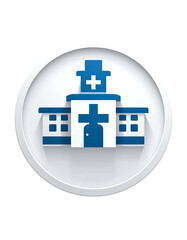 Obraz premium A stylized blue hospital building icon, centrally positioned within a white circular frame, conveying healthcare