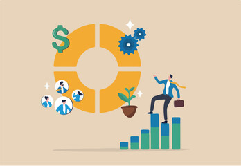 Balanced scorecard measuring performance from financial, customer, process, learning and growth, KPI key performance indicator, efficiency concept, businessman with balanced scorecard chart diagram