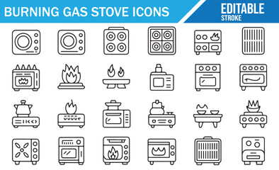 Restaurant Kitchen Gas Stove Icons – Editable Outline Bundle