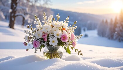 A vibrant bouquet of white and pink flowers in a clear vase sits atop a snowy landscape, with a bright, sunlit backdrop
