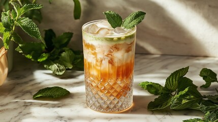 vibrant tea setup featuring iced matcha latte in a tall glass, surrounded by fresh mint leaves and a marble countertop