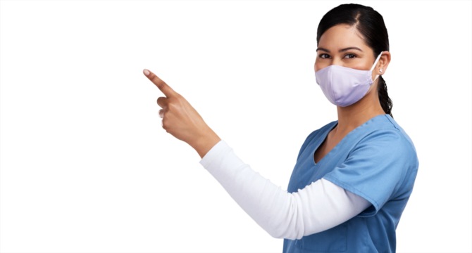 Healthcare, portrait of a doctor woman pointing and with face mask isolated against a transparent png background. Health, wellness and female surgeon or nurse point for advertising or marketing