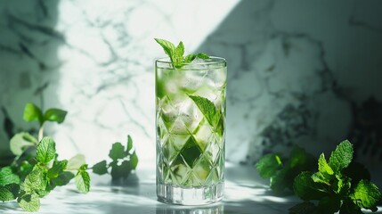 vibrant tea setup featuring iced matcha latte in a tall glass, surrounded by fresh mint leaves and a marble countertop