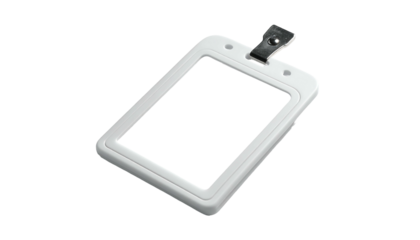 White plastic ID holder with a black clip, slightly angled, showing a clear window for insertion of identification