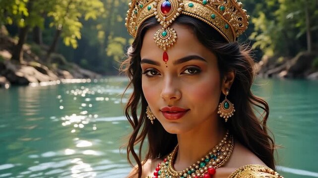 Divine Parvati's Serene Face in 4K Video: Experience Hindu Spirituality on a Celestial River, Perfect for Religious and Cultural Projects