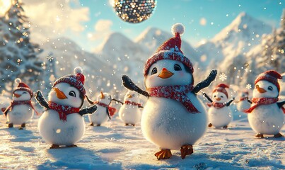 Cute penguins dancing in a snowy landscape
