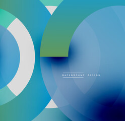 Abstract design features overlapping circles, gradients. Blue, green, white hues create modern aesthetic. Minimalist composition.