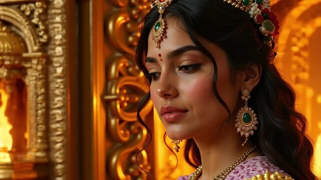Divine Goddess Parvati in Royal Palace Setting A 4k Video of Hindu Deity's Graceful Presence and Glowing Aura for Spiritual and Cultural Projects