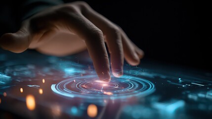 Finger touching a futuristic interface with glowing circles and data, representing technology and innovation