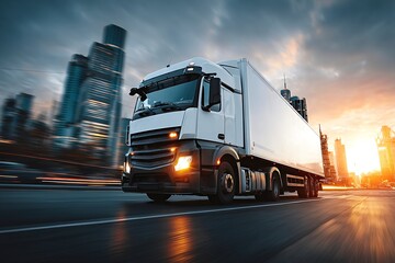 Express delivery truck navigating a busy city street with motion blur effect emphasizing speed