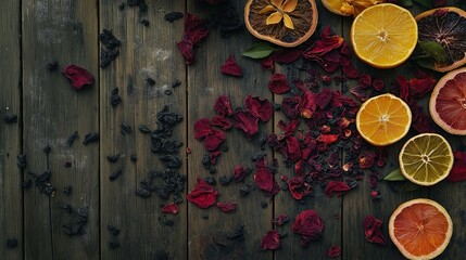 vibrant herbal tea composition with dried hibiscus, rose petals, and citrus slices scattered around a rustic wooden table