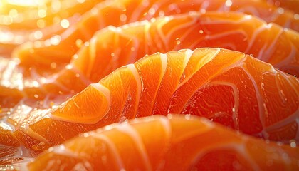 Macro Shot of Fresh Salmon Slices with Vibrant Orange Color and Visible Texture with Intense Light