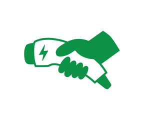 Hand holding electric car charging, plug in connector, vector illustration