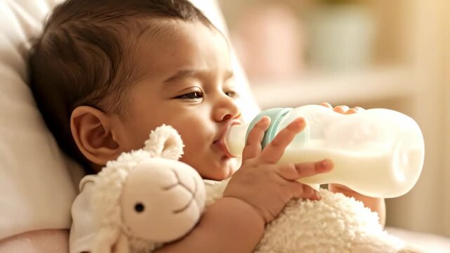Adorable indian baby savoring milk from a bottle with a plush toy highlighting infant care and nutrition