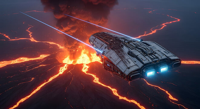 Futuristic Spaceship Flying Over Erupting Volcano with Lava and Smoke
